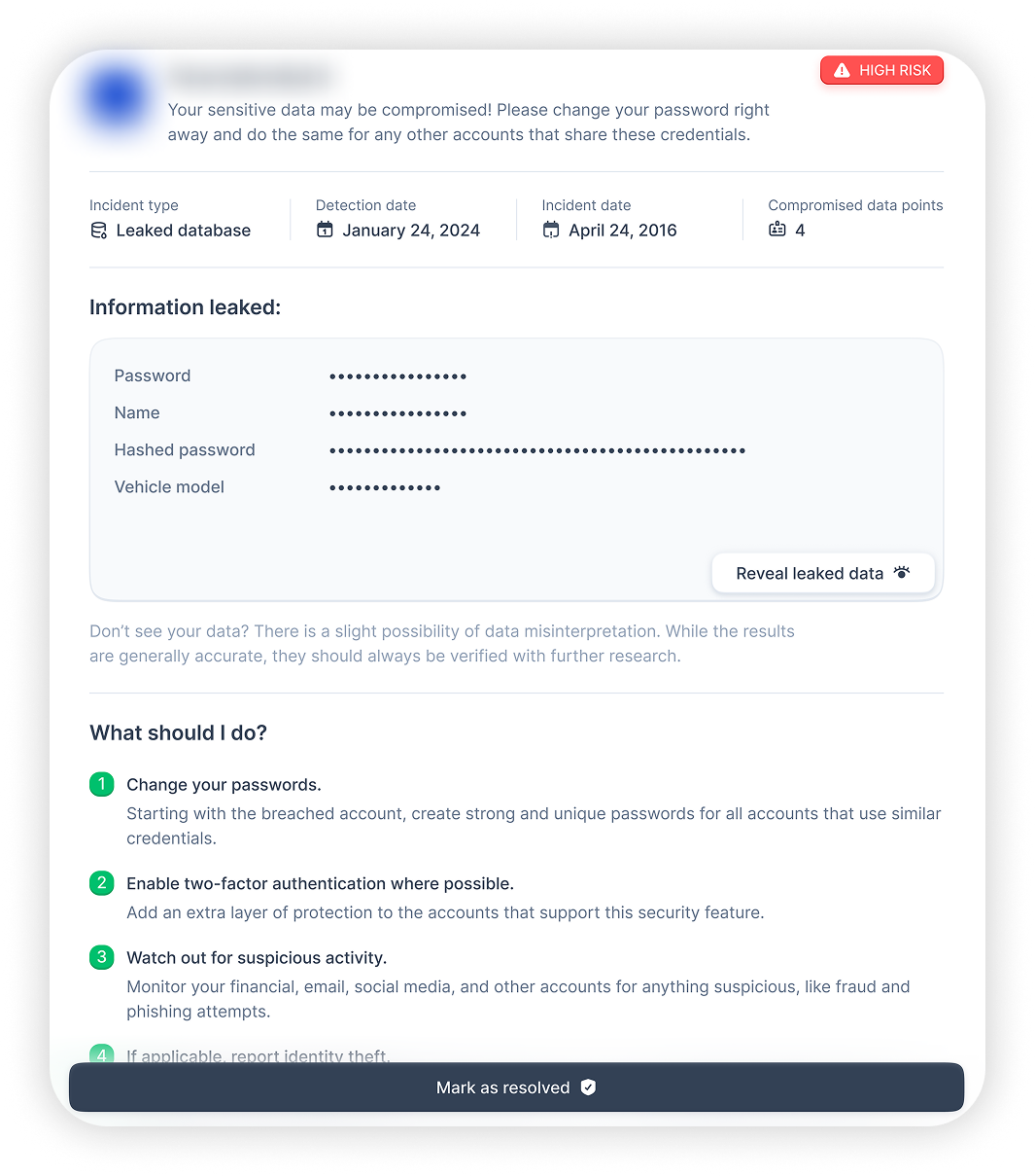 View of NordProtect dark web monitoring tab, leaked database full dets.png
