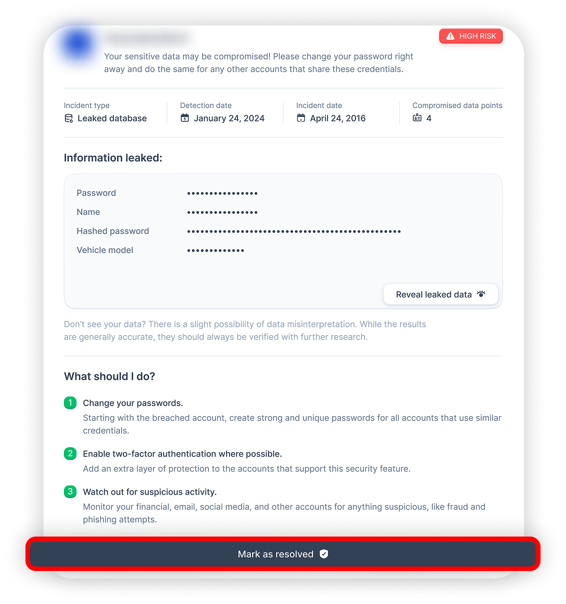 View of NordProtect leaked database report, mark as resolved button is highlighted.png