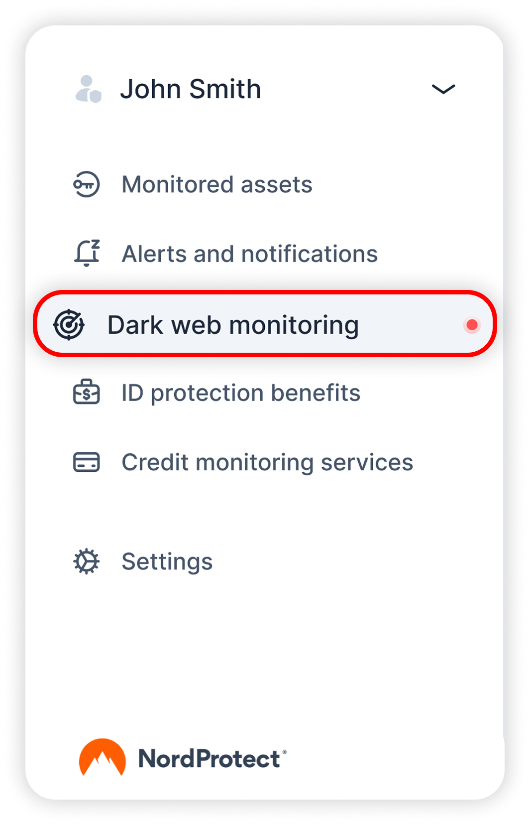 View of NordProtect's dashb, dark web monitoring tab is highlighted.png