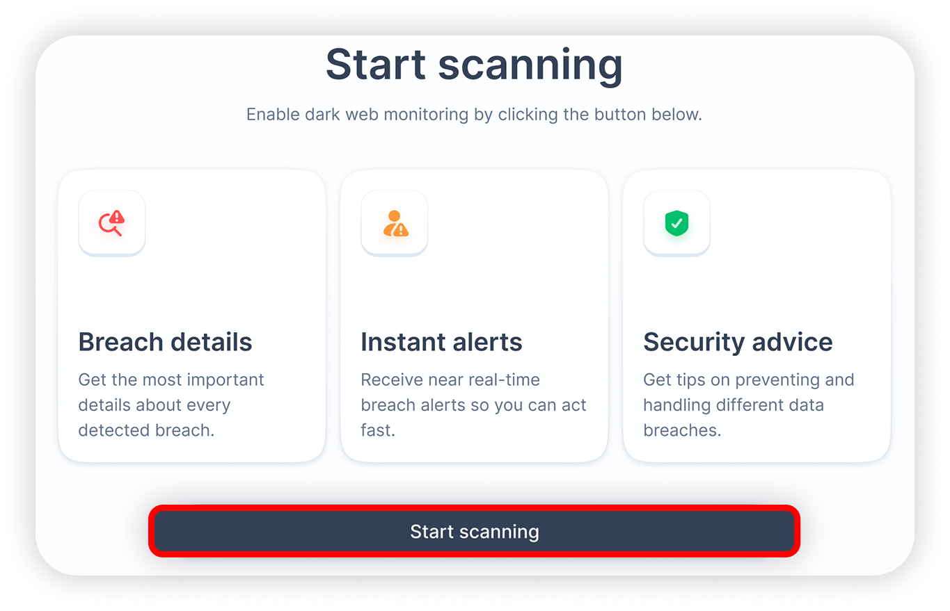 View of NordProtect monitored assets tab, start scanniing button is highlighted.png