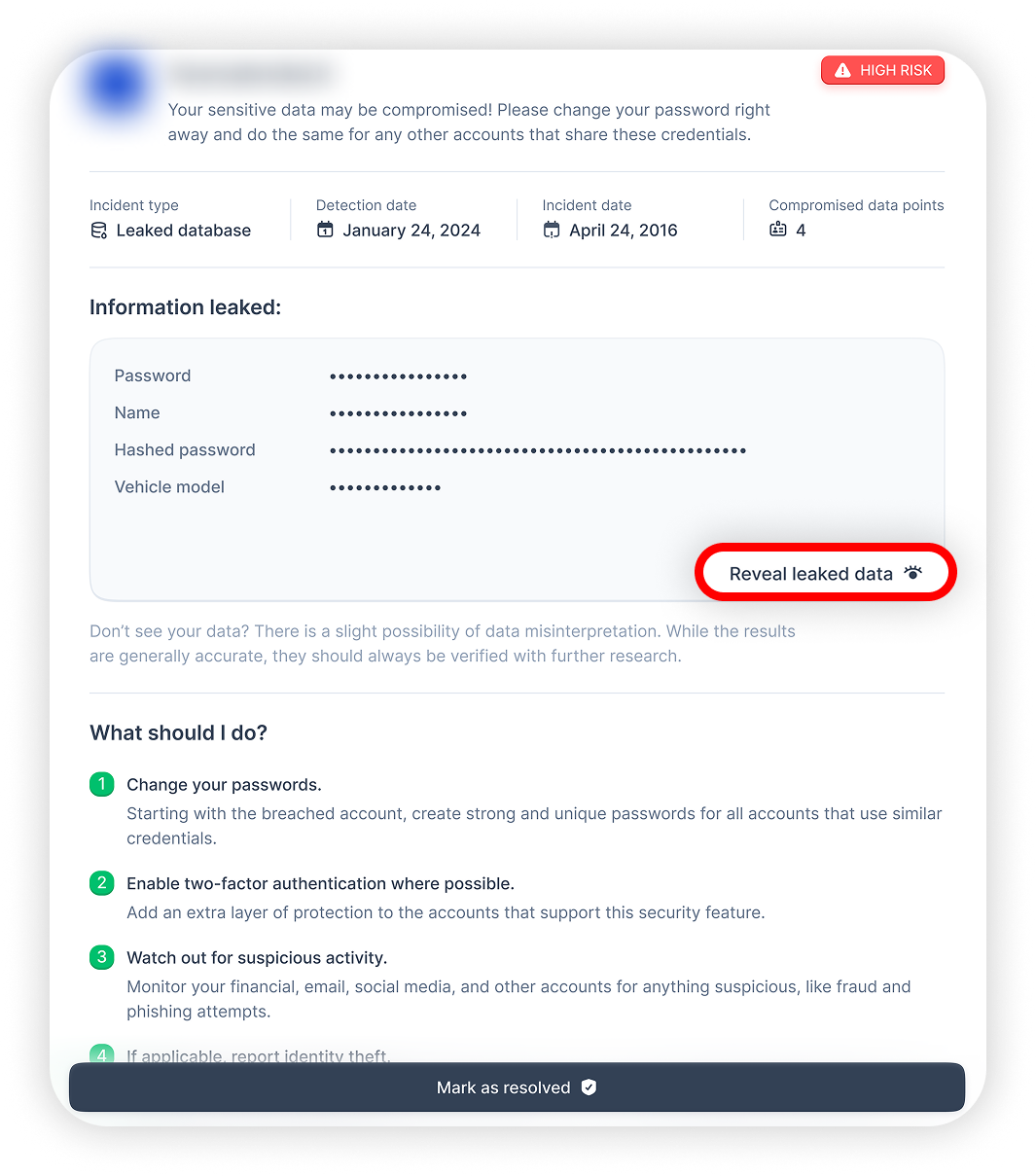 View of NordProtect leaked database report, reveal leaked data is highlighted.png