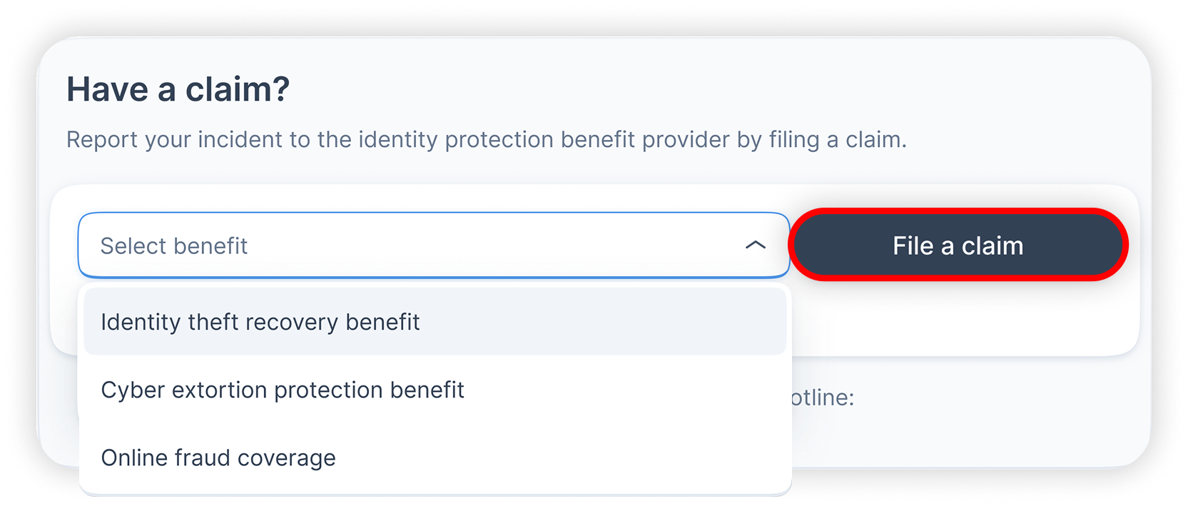 View of NordProtect's dashb, ID protection benefits claim file section, file a claim button is highlighted.png
