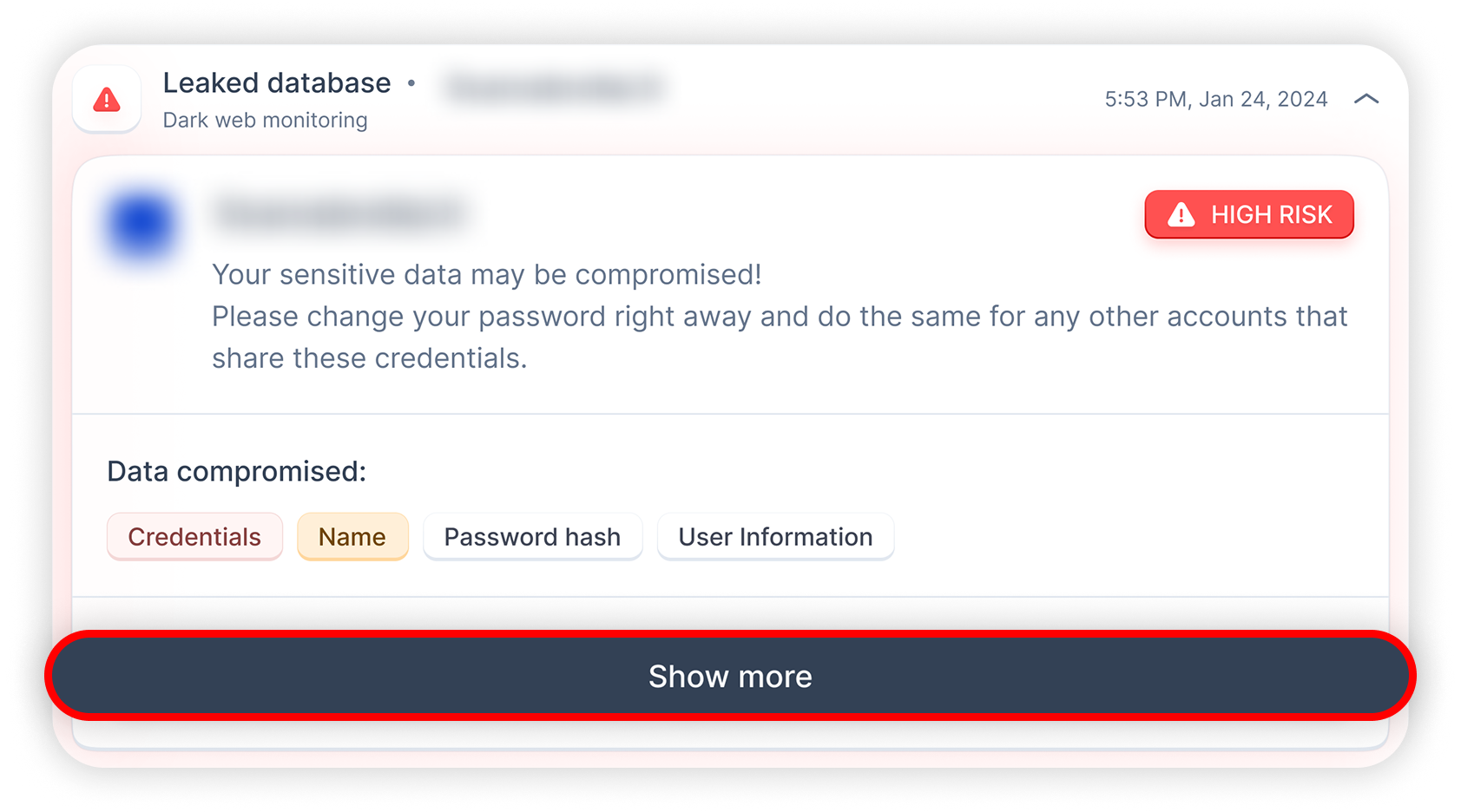 View of NordProtect's dashb, ID protection benefits tab, leaked database show more button is highlighted.png